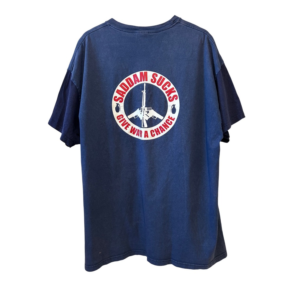 VTG 90s Pocket T-Shirt 2XL Blue Saddam Sucks Desert Storm Gulf War Graphic Tee